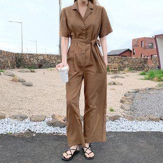 Short-sleeve Half-placket Jumpsuit With Sash