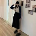 Color-block Long-sleeve Top / High Waist Plain Skirt