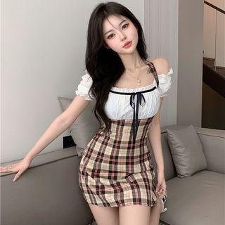 Puff-sleeve Plaid Panel Mini Sheath Dress
