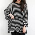 Long-sleeve Striped Knit Top Striped - Black - One Size