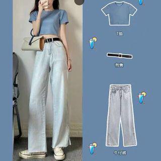 Short-sleeve Plain T-shirt / Wide-leg Jeans / Belt / Set