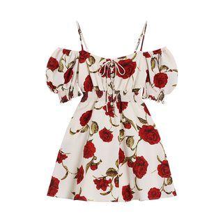 Puff-sleeve Cold-shoulder Rose Print Mini A-line Dress