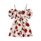 Puff-sleeve Cold-shoulder Rose Print Mini A-line Dress