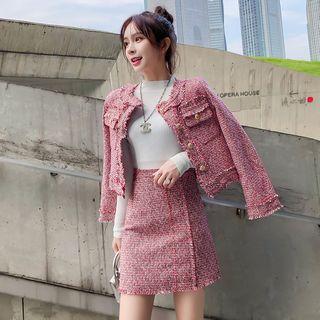 Set: Tweed Buttoned Coat + A-line Mini Skirt
