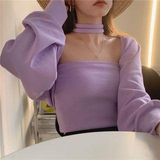 Set: Strapless Crop Top + Open-front Cropped Jacket