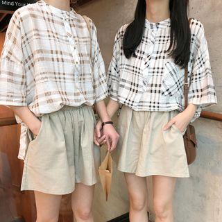 Plaid Elbow-sleeve Blouse / Wide Leg Shorts / Set