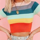 Striped Short-sleeve Knit Top Orange & Yellow & Green & Blue - One Size
