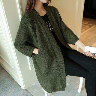 Ribbed Open Front Cable Knit Long Cardigan