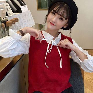 Ruffle Trim Blouse / Knit Vest