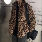 Leopard Print Zip Fleece Jacket Leopard - Khaki - One Size