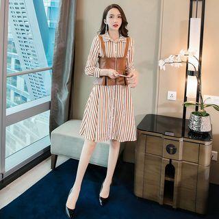Set: Striped A-line Shirt Dress + Faux-leather Vest
