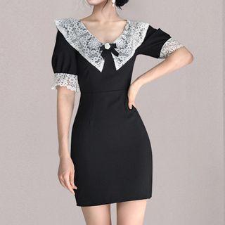Peter Pan-collar Short-sleeve Lace Panel Plain Dress