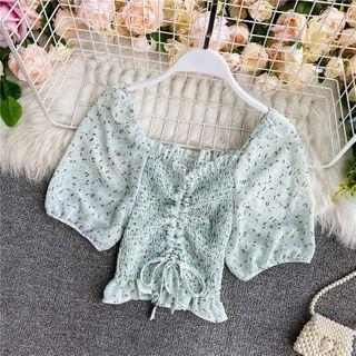 Square-neck Floral Drawstring Cropped Shirt