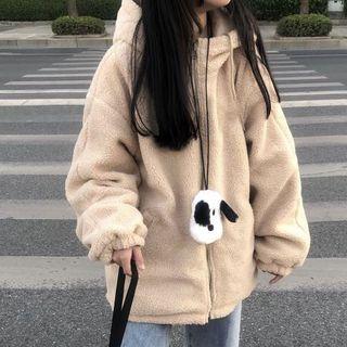 Faux Shearling Hooded Zip Jacket Beige - One Size