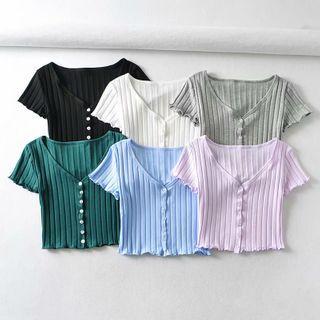 Buttoned Lettuce Edge Short-sleeve Ribbed Top