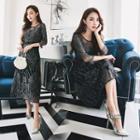 3/4 Sleeve Embroidery Tulle Midi Dress