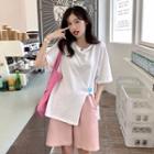 Elbow-sleeve Embroidered Slit T-shirt / Shorts