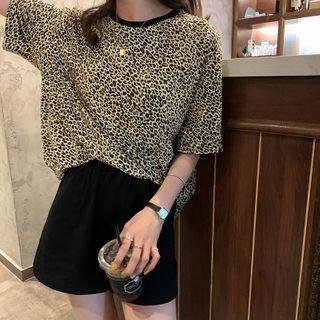 Contrast Trim Leopard Printed T-shirt As Shown In Figure - One Size