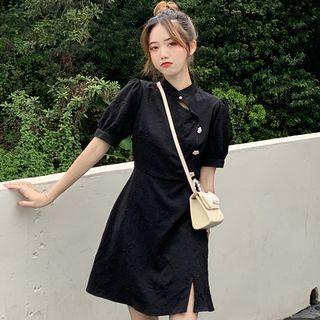Puff-sleeve Cheongsam Collar Side-slit Embossed Mini Dress / Square Neck Side-slit Embossed Mini Dress