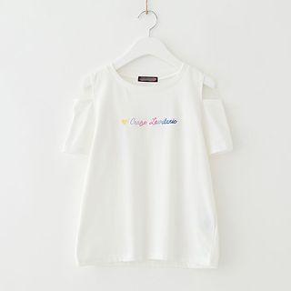 Cut Out Shoulder Letter Embroidered Short Sleeve T-shirt