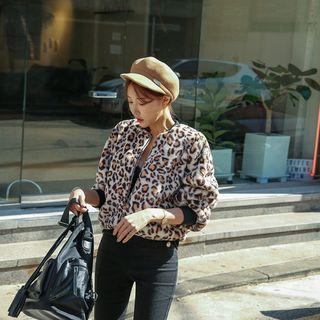 Leopard Faux-fur Bomber Jacket Beige - One Size