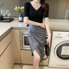 Short-sleeve Shirred T-shirt / Shirred A-line Skirt