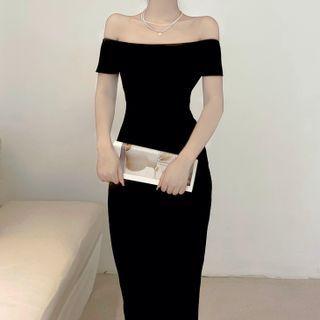 Short-sleeve Off Shoulder Midi Sheath Knit Dress