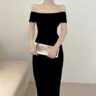Short-sleeve Off Shoulder Midi Sheath Knit Dress
