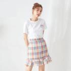 Set: Lettering Short-sleeve T-shirt + Plaid A-line Skirt T-shirt - White - One Size / Skirt - Blue & Pink - One Size