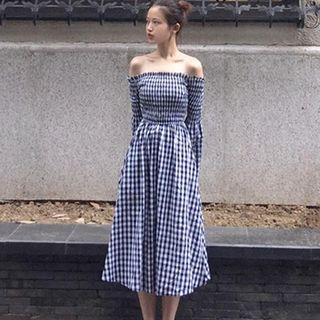 Gingham Off-shoulder Long-sleeve Dress