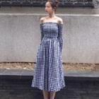 Gingham Off-shoulder Long-sleeve Dress