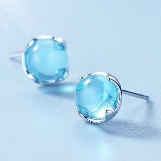 925 Sterling Silver Bead Stud Earring 1 Pair - Blue - One Size