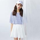 Striped Elbow-sleeve T-shirt / Pleated A-line Skirt
