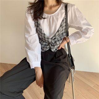 Set: Plain Blouse + Plaid Camisole Top