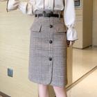 Belted Plaid Straight-fit Skirt