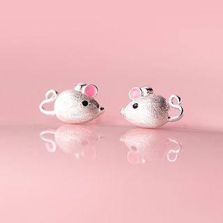 925 Sterling Silver Mouse Earring 1 Pair - Pink & Silver - One Size