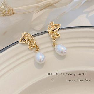 Leaf Alloy Faux Pearl Dangle Earring A341 - 1 Pair - Gold - One Size