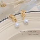 Leaf Alloy Faux Pearl Dangle Earring A341 - 1 Pair - Gold - One Size
