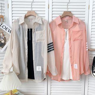 Set: Sleeveless Zipper Mini Dress + Loose-fit Striped Light Shirt