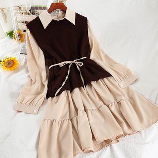 Set: Long-sleeve Plain Midi Dress + Sweater Vest