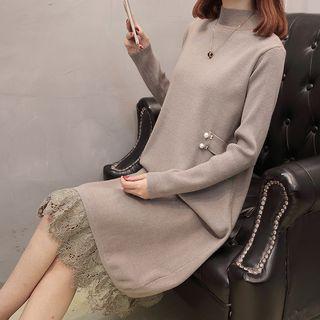 Mock-turtleneck Lace Panel Knit Dress