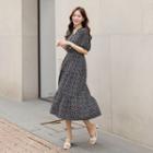 Puff-sleeve Maxi Patterned Dress Black - One Size