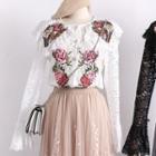 Flower-embroidered Sheer Lace Blouse