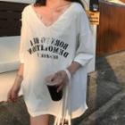 3/4-sleeve Lace Paneled Letter T-shirt
