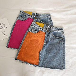 Asymmetric Color-block Frayed A-line Skirt