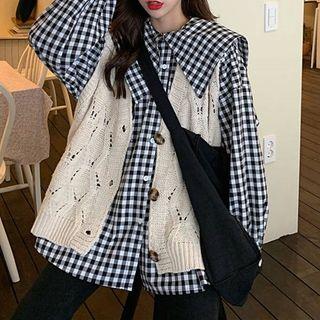 Set: Gingham Blouse + Pointelle-knit Vest