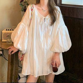 Puff-sleeve Lace Trim Mini Shift Dress White - One Size