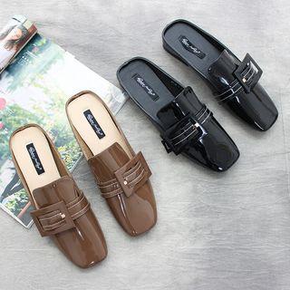 Patent Buckled Mules