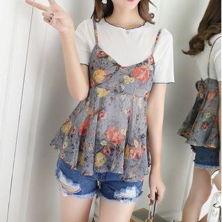 Set: Short-sleeve Top + Floral Print Camisole Top
