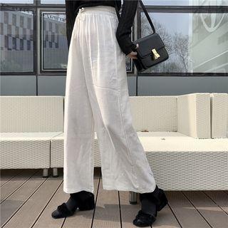 Plain Elastic-waist High-waist Wide-leg Pants